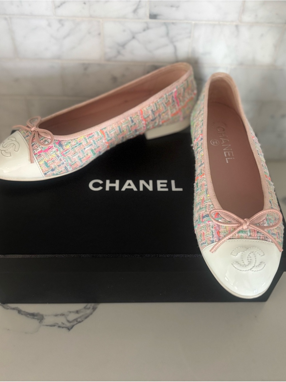 Authentic Chanel Pink Tweed Cap-Toe Ballet Flats 🌸